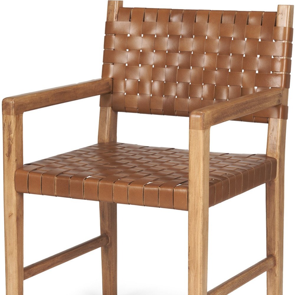 Brown Woven Leather And Solid Wood Dining Arm Chair