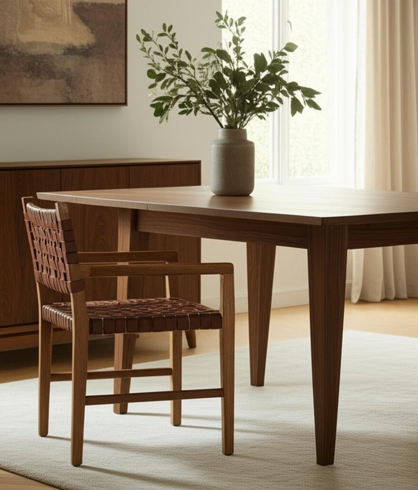 Brown Woven Leather And Solid Wood Dining Arm Chair