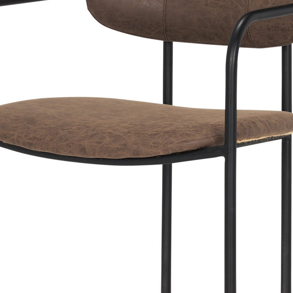 Brown and Black Faux Leather And Metal Open Back Dining Arm Chair