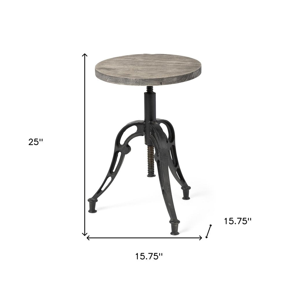 Natural and Black Solid Wood and Iron Backless Adjustable Height Bar Chair