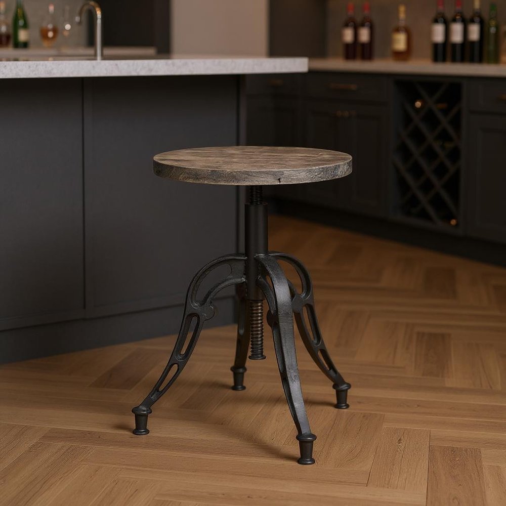 Natural and Black Solid Wood and Iron Backless Adjustable Height Bar Chair