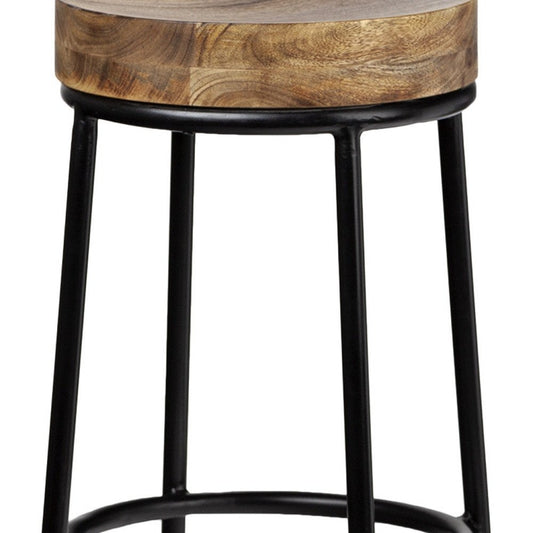 26" Natural And Black Solid Wood And Iron Backless Counter Height Bar Chair
