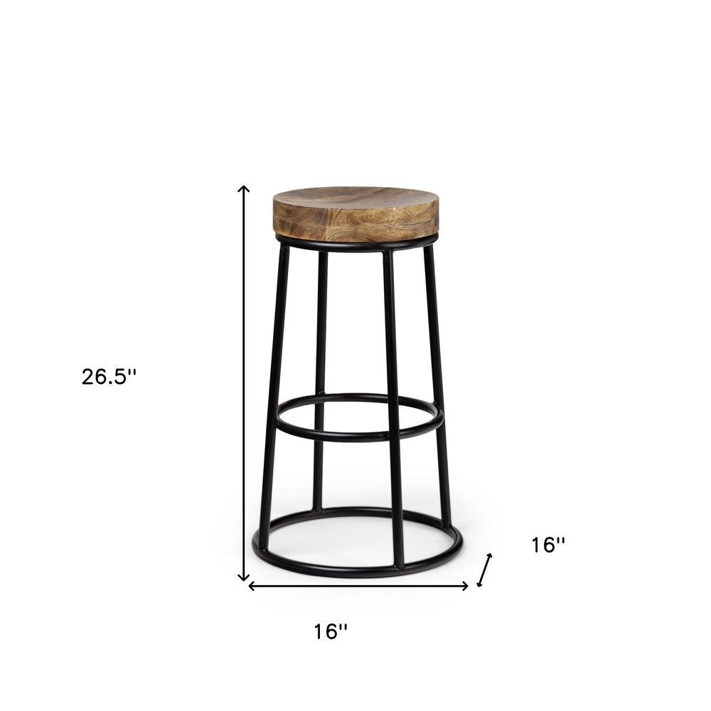 26" Natural and Black Solid Wood and Iron Backless Counter Height Bar Chair