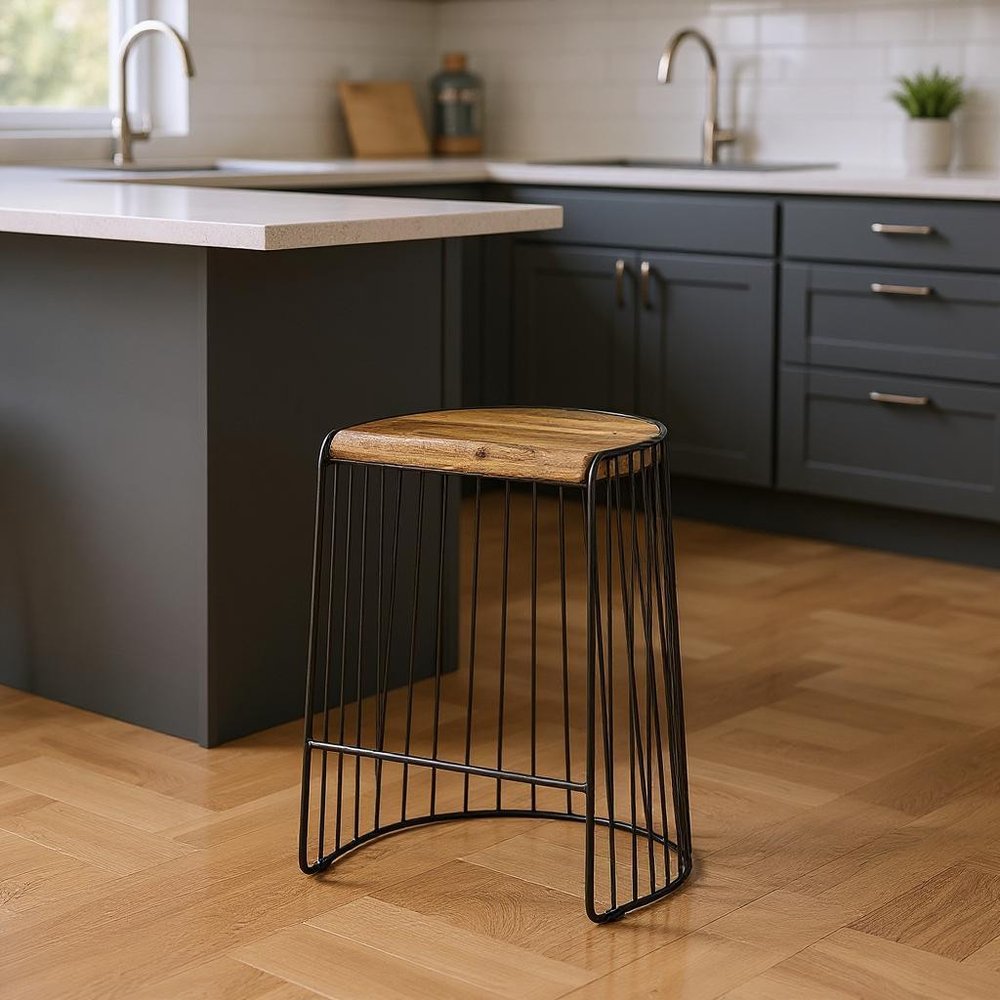 26" Natural And Black Solid Wood And Iron Backless Counter Height Bar Chair