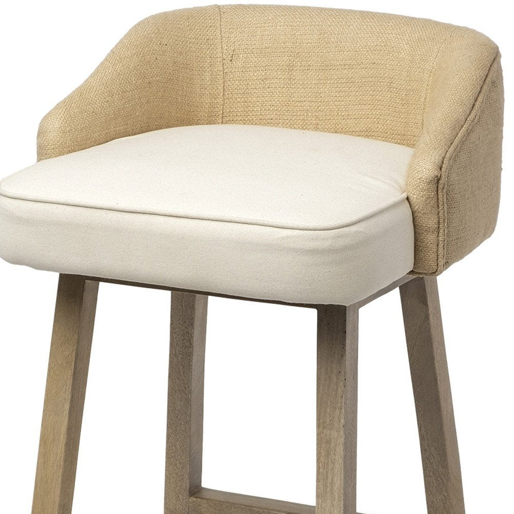 24" Beige and Natural Solid Wood Fabric And Jute Low Back Counter Height Bar Chair