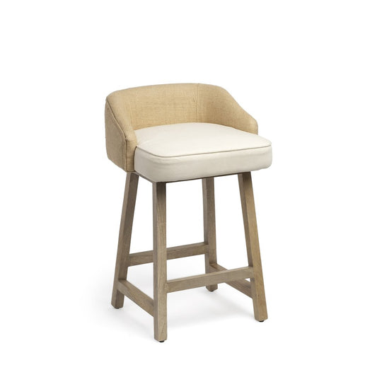 24" Beige and Natural Solid Wood Fabric And Jute Low Back Counter Height Bar Chair