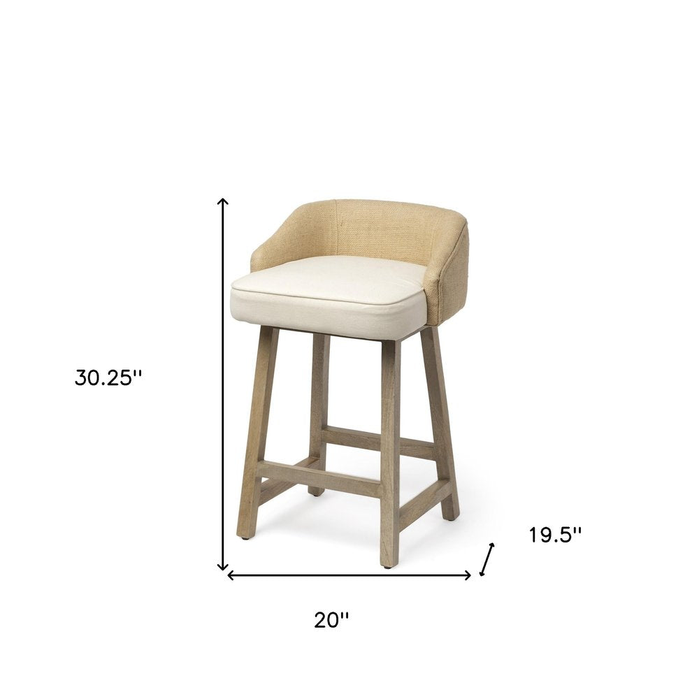 24" Beige and Natural Solid Wood Fabric And Jute Low Back Counter Height Bar Chair