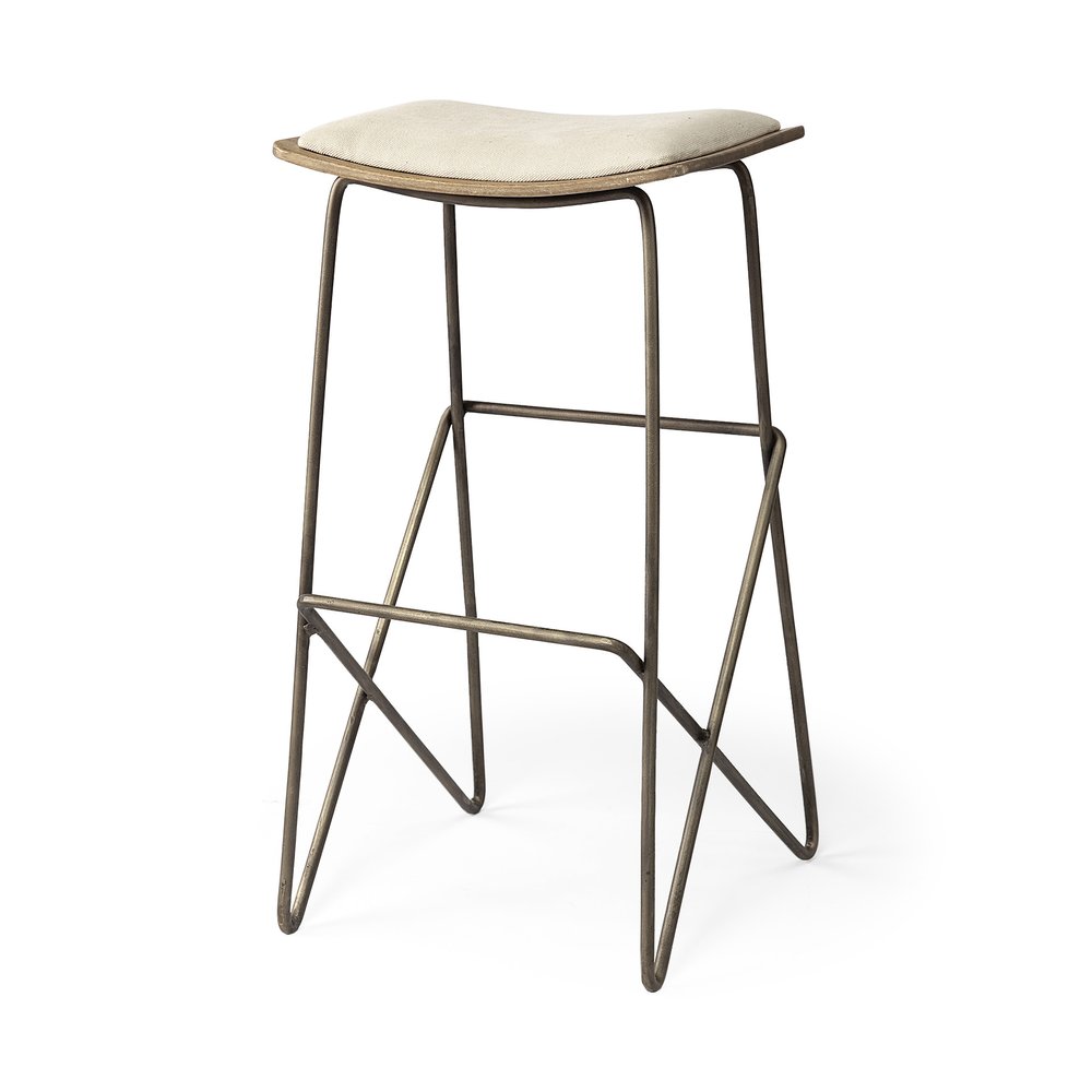 30" Cream And Gold Fabric And Iron Backless Bar Height Bar Chair