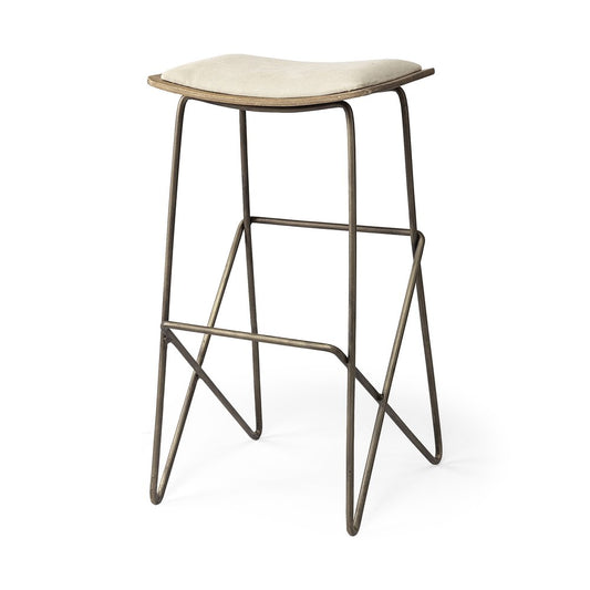 30" Cream and Gold Iron and Fabric Backless Bar Height Bar Chair