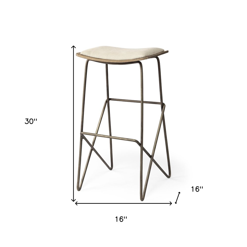 30" Cream and Gold Iron and Fabric Backless Bar Height Bar Chair