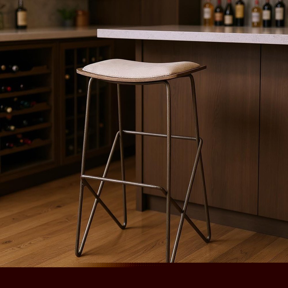 30" Cream and Gold Iron and Fabric Backless Bar Height Bar Chair