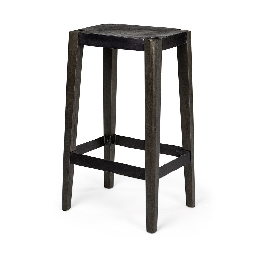 30" Black Iron and Solid Wood Backless Bar Height Bar Chair