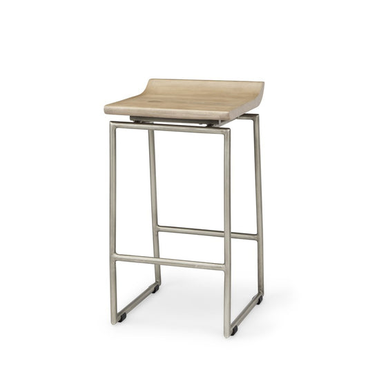 25" Natural And Silver Solid Wood And Iron Low Back Counter Height Bar Chair