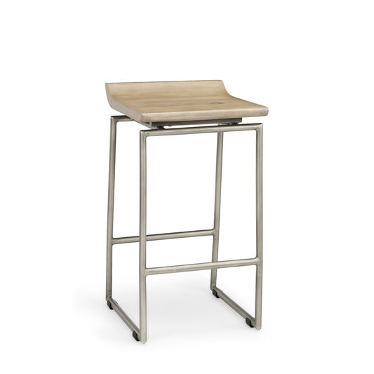 25" Natural And Silver Solid Wood And Iron Low Back Counter Height Bar Chair