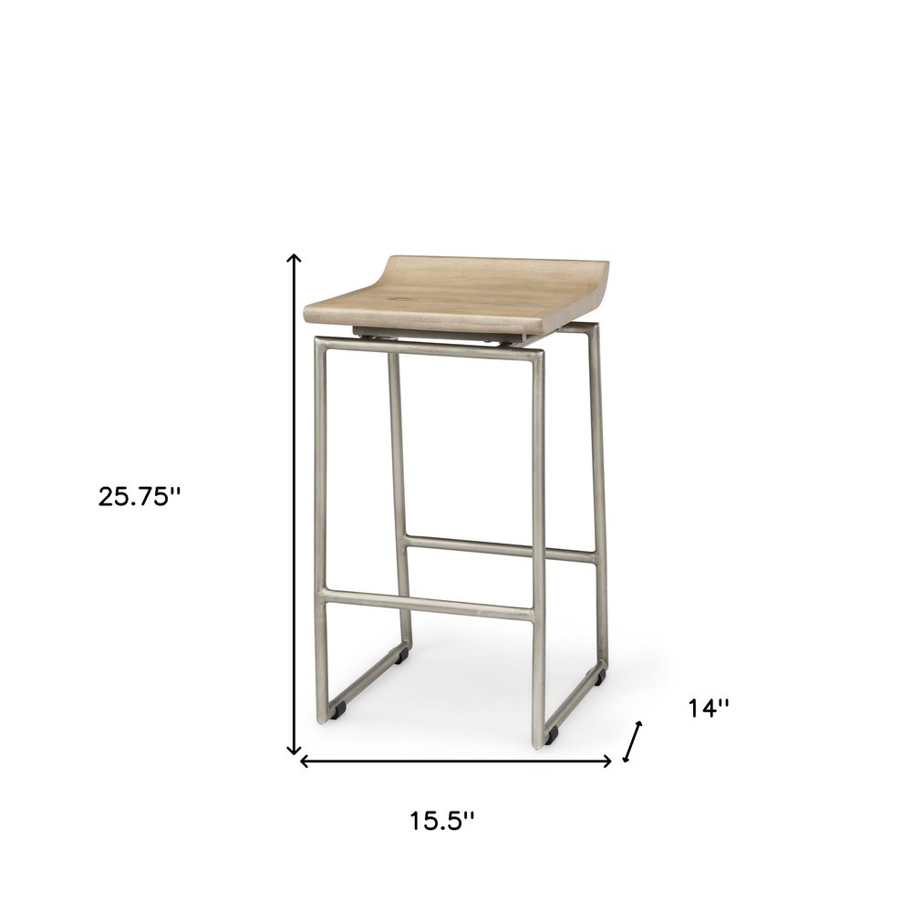 25" Natural and Silver Solid Wood and Iron Low Back Counter Height Bar Chair