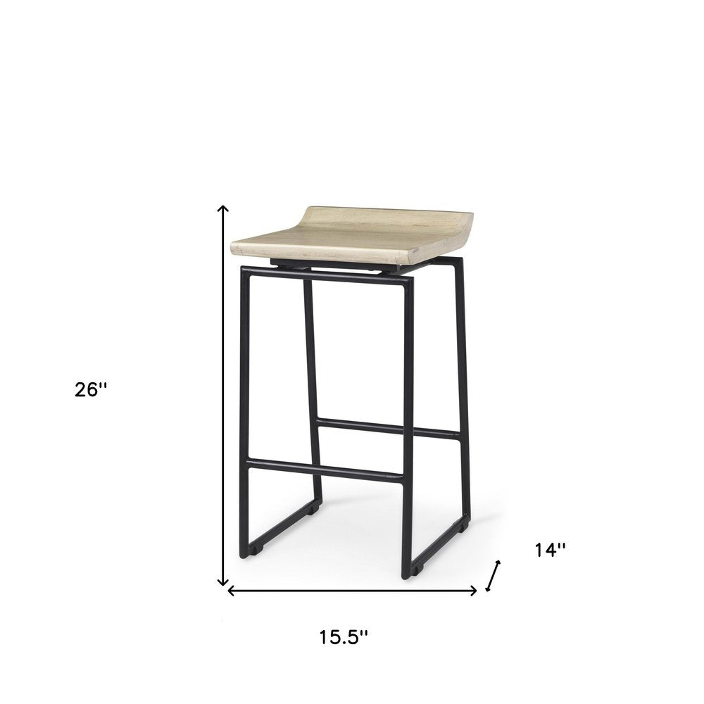 25" Natural and Black Solid Wood and Metal Low Back Counter Height Bar Chair