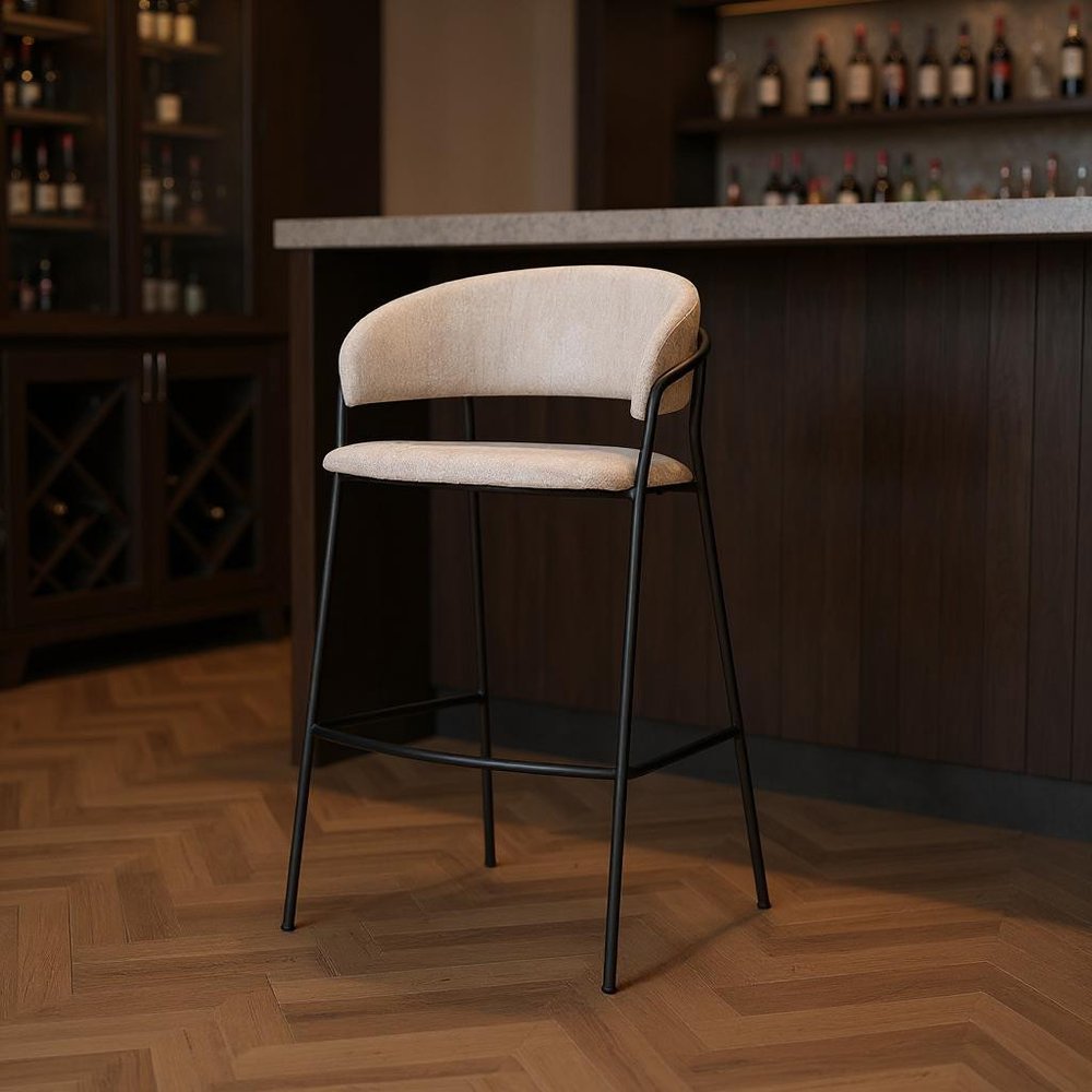 30" Cream and Black Fabric and Metal Bar Height Bar Chair