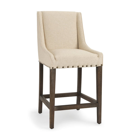 28" Cream and Brown Fabric and Solid Wood Counter Height Bar Chair