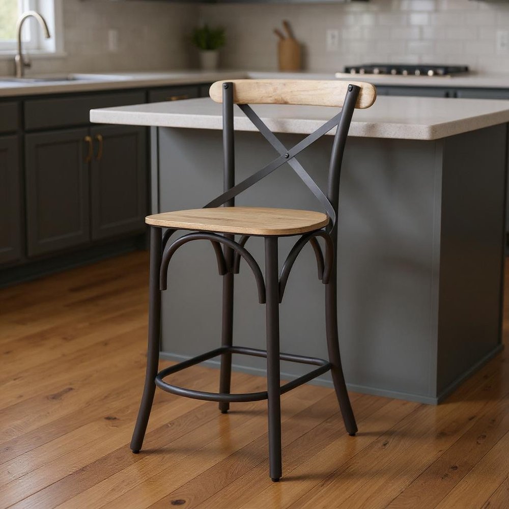 26" Natural and Gray Solid Wood and Iron Counter Height Bar Chair