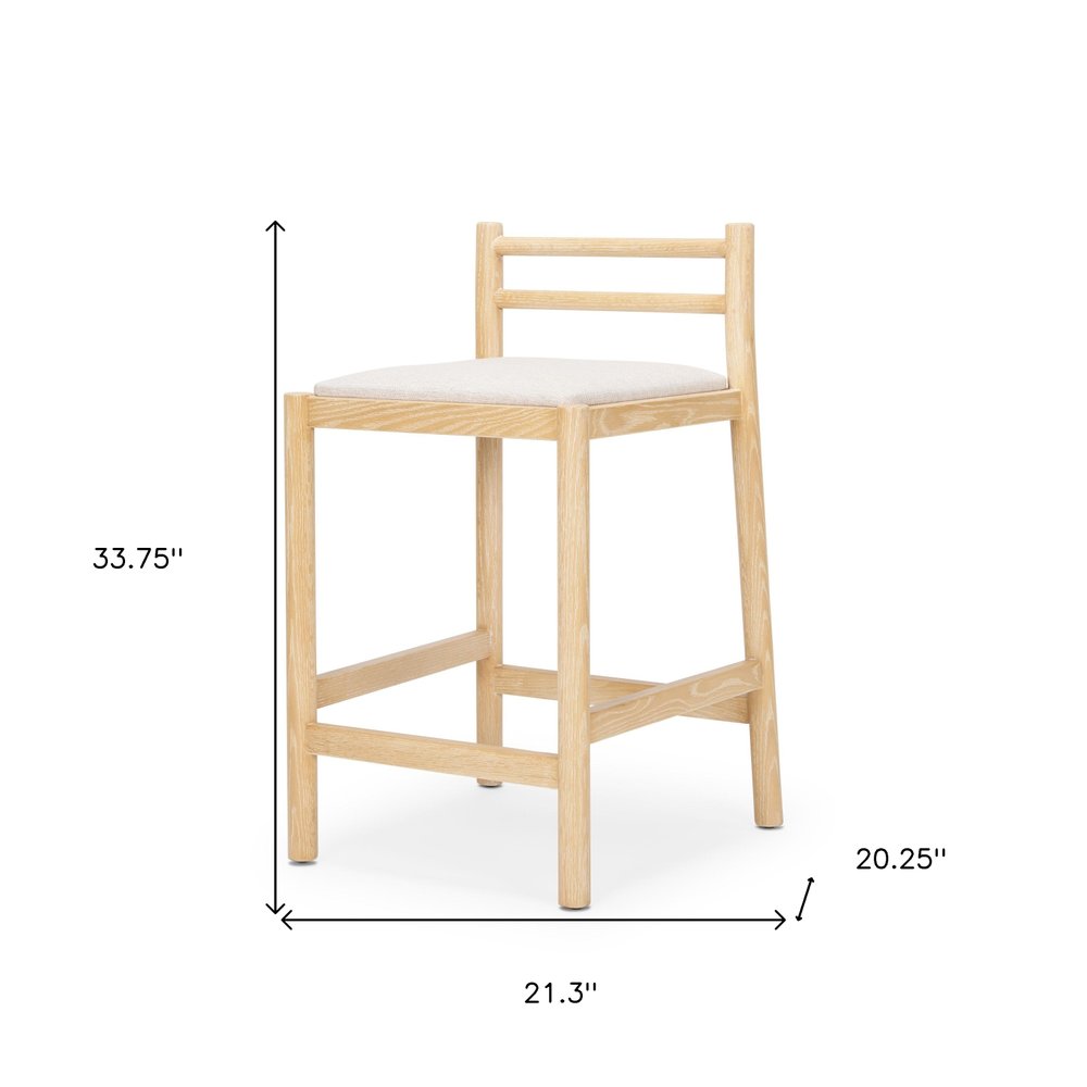 26" Beige and Natural Fabric and Solid Wood Low Back Counter Height Bar Chair