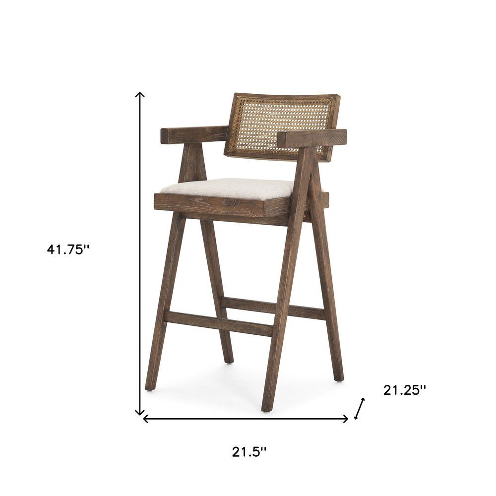 30" Off White and Brown Fabric and Solid Wood Low Back Bar Height Bar Chair