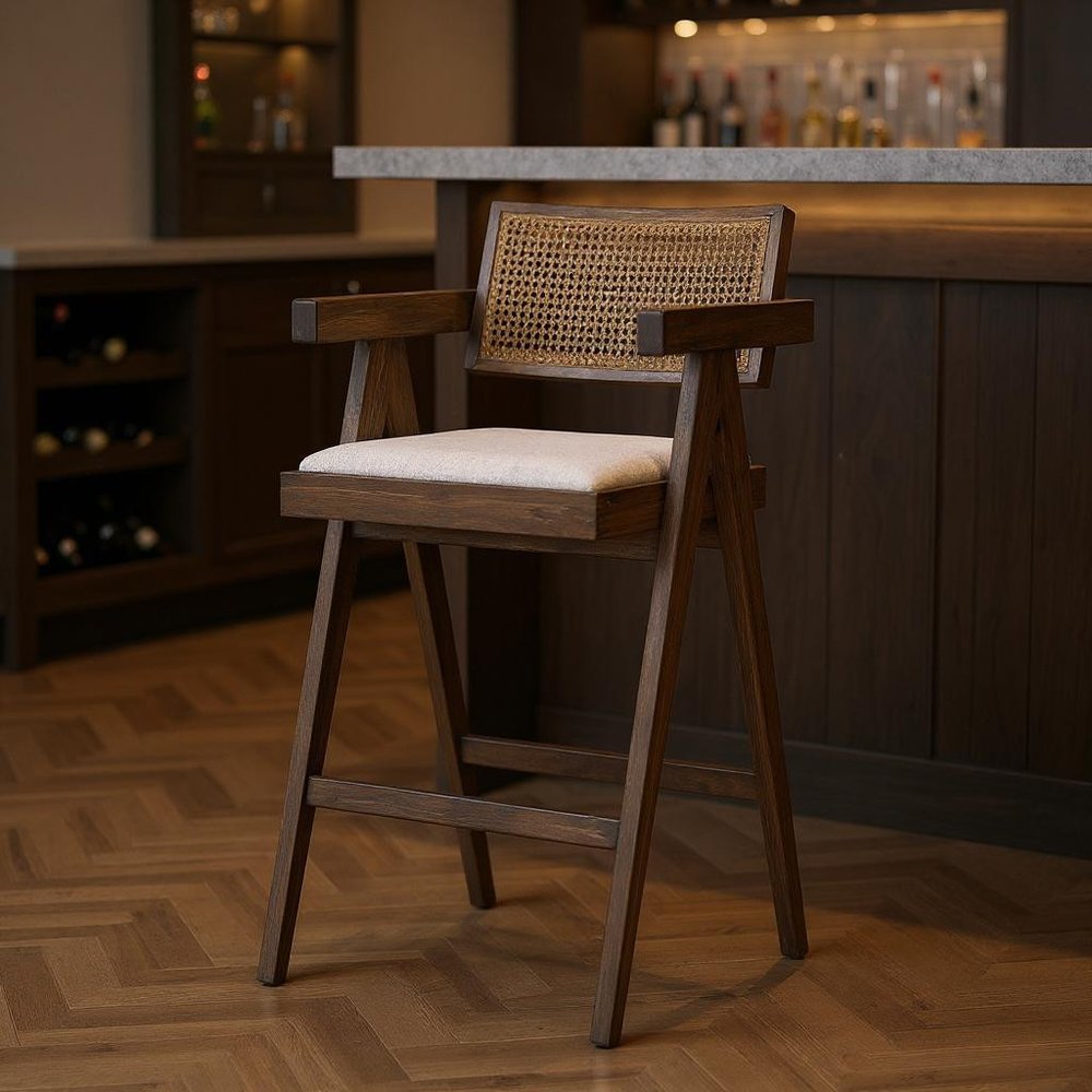 30" Off White and Brown Fabric and Solid Wood Low Back Bar Height Bar Chair