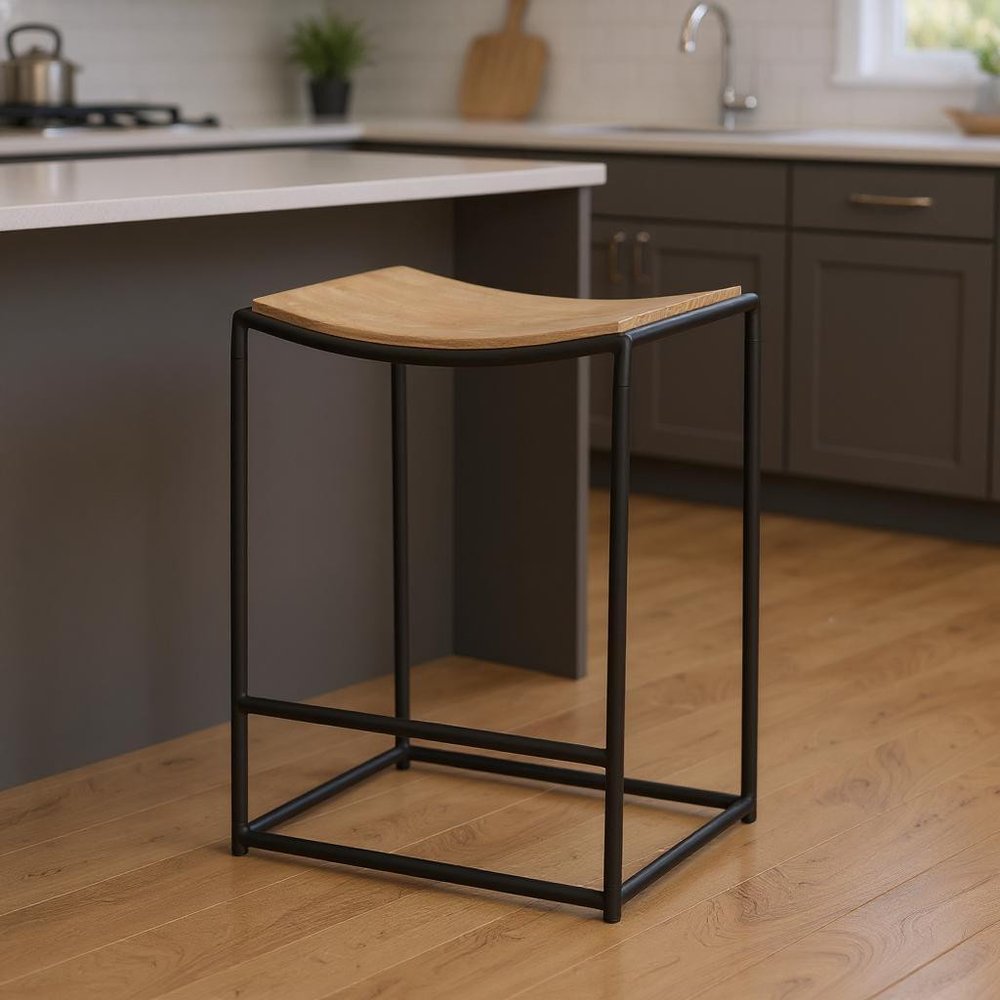 26" Natural and Black Solid Wood and Iron Backless Counter Height Bar Chair