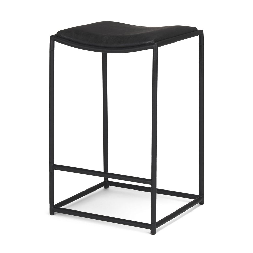 27" Black Genuine Leather And Iron Backless Counter Height Bar Chair