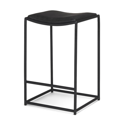 27" Black Genuine Leather And Iron Backless Counter Height Bar Chair