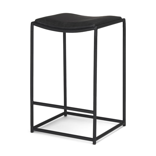 27" Black Genuine Leather And Iron Backless Counter Height Bar Chair