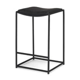 27" Black Genuine Leather And Iron Backless Counter Height Bar Chair