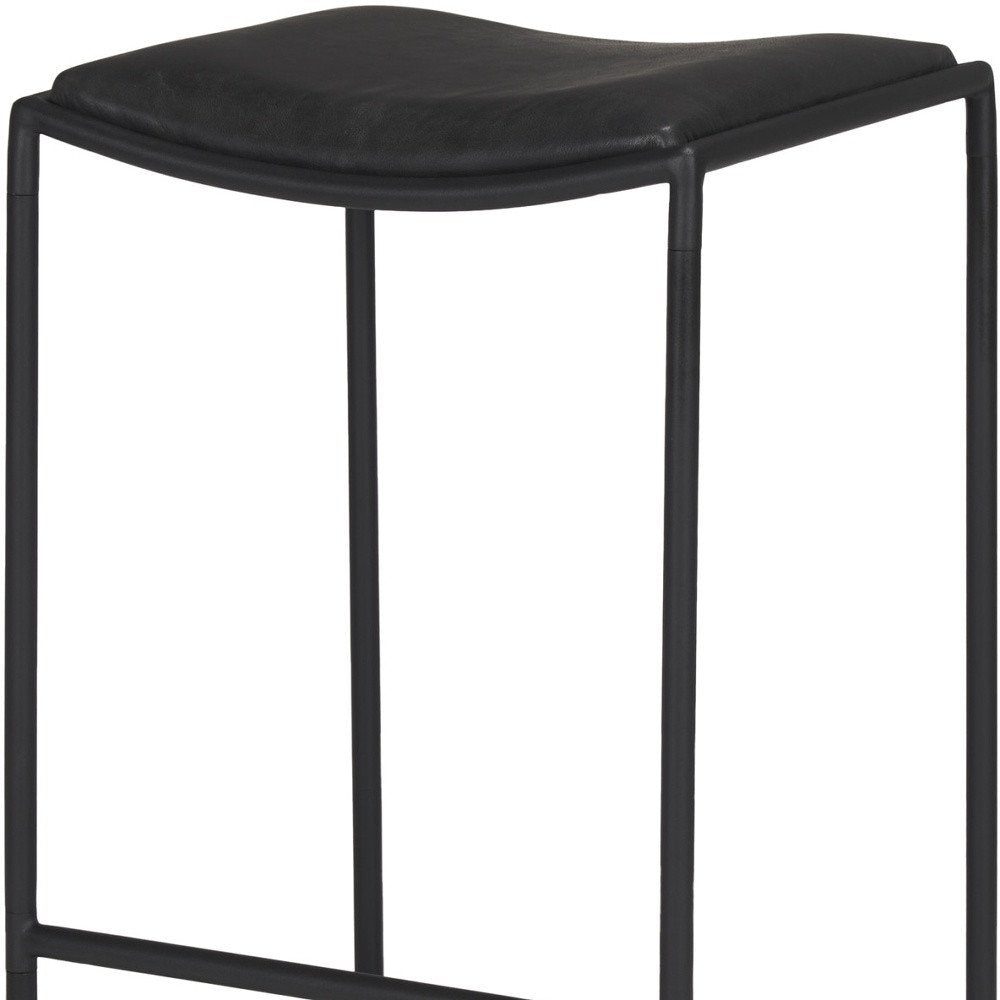 27" Black Genuine Leather And Iron Backless Counter Height Bar Chair