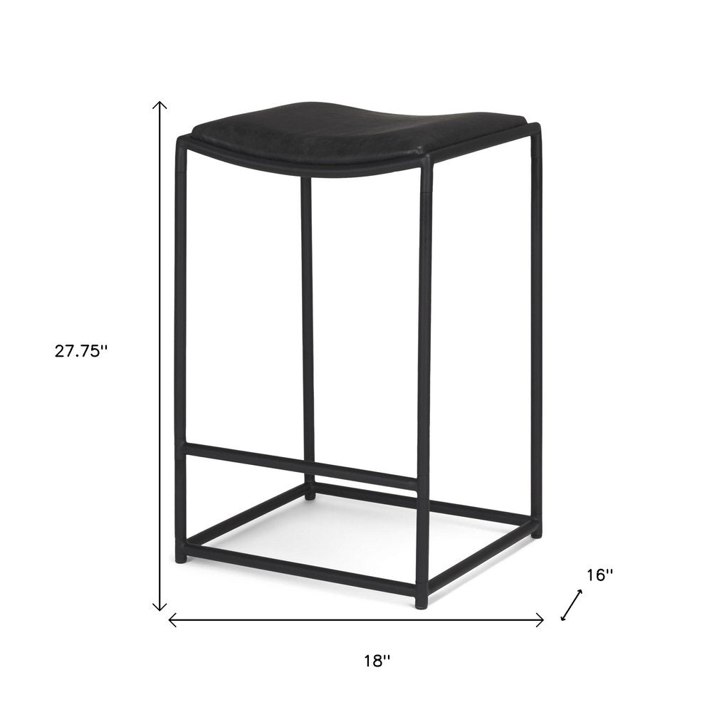 27" Black Genuine Leather And Iron Backless Counter Height Bar Chair
