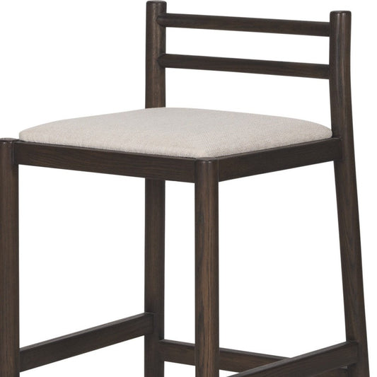 26" Cream and Dark Brown Fabric and Solid Wood Low Back Counter Height Bar Chair