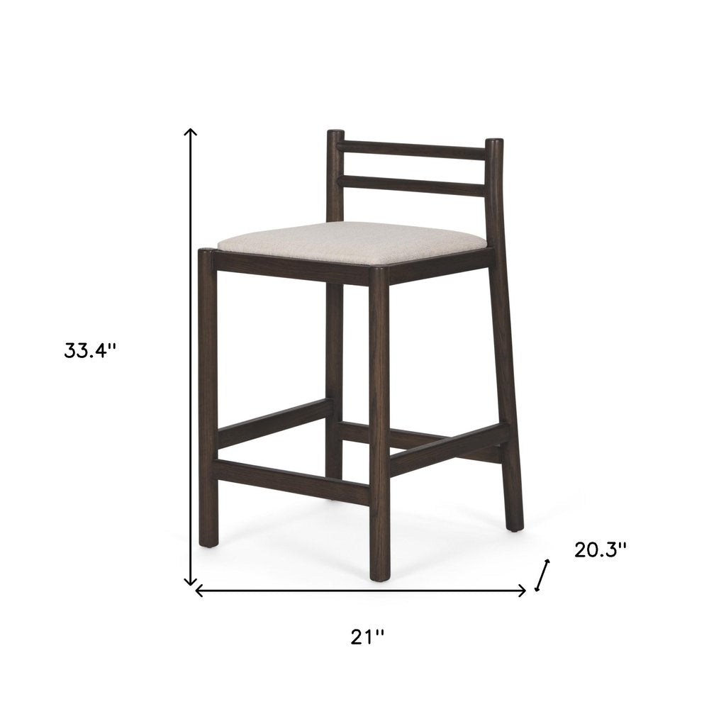 26" Cream and Dark Brown Fabric and Solid Wood Low Back Counter Height Bar Chair