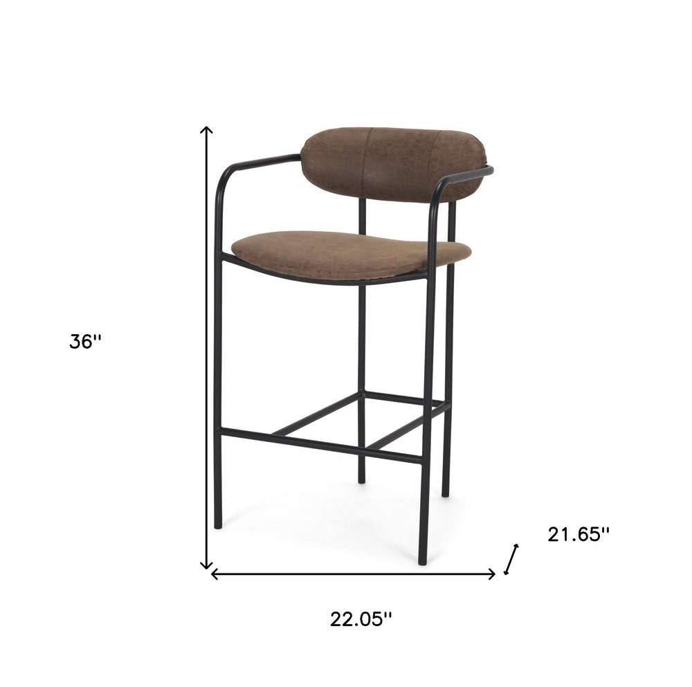 27" Brown and Black Faux Leather and Metal Low Back Counter Height Bar Chair