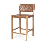 26" Brown and Natural Leather and Solid Wood Low Back Counter Height Bar Chair