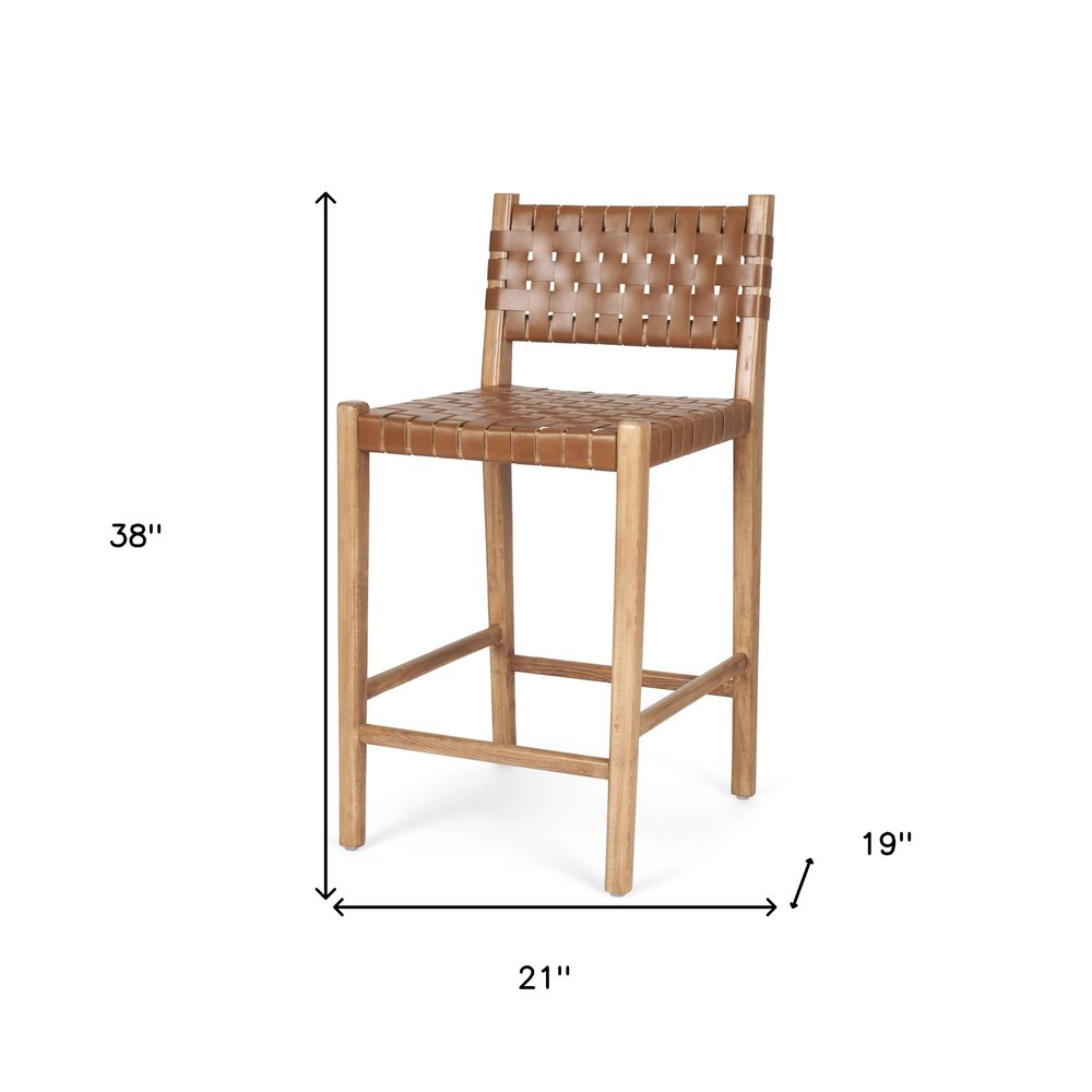 26" Brown and Natural Leather and Solid Wood Low Back Counter Height Bar Chair