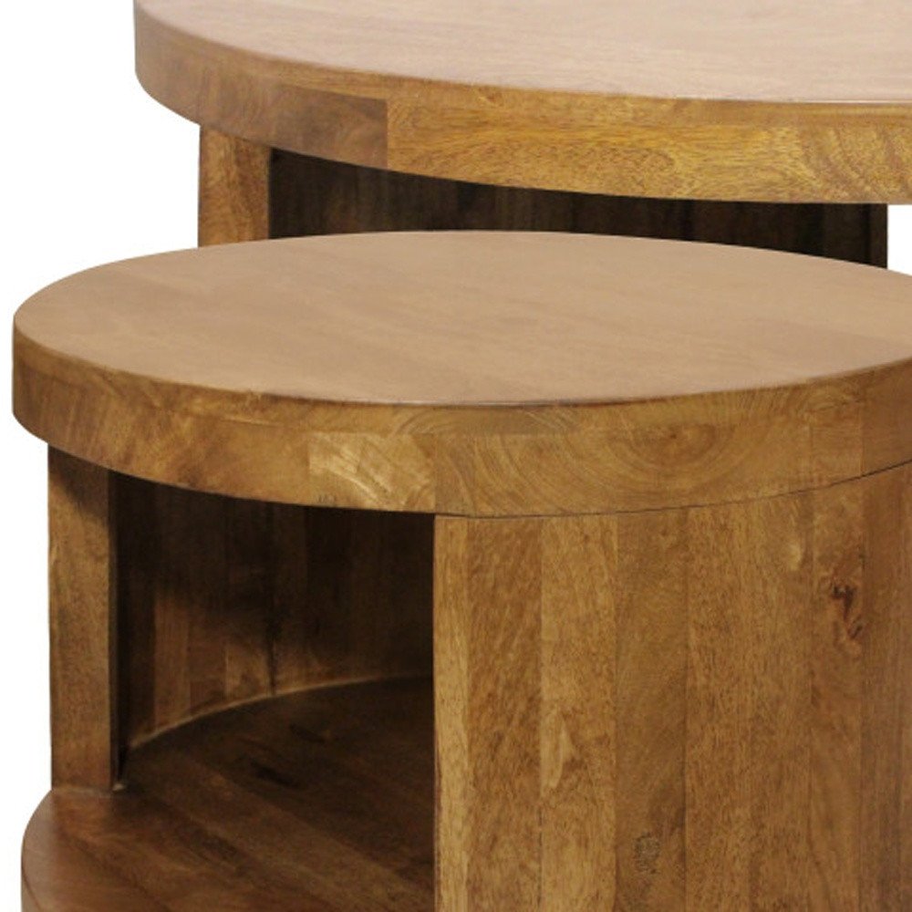 Set of Two Walnut Solid Wood Round Distressed Solid Nested Coffee Tables