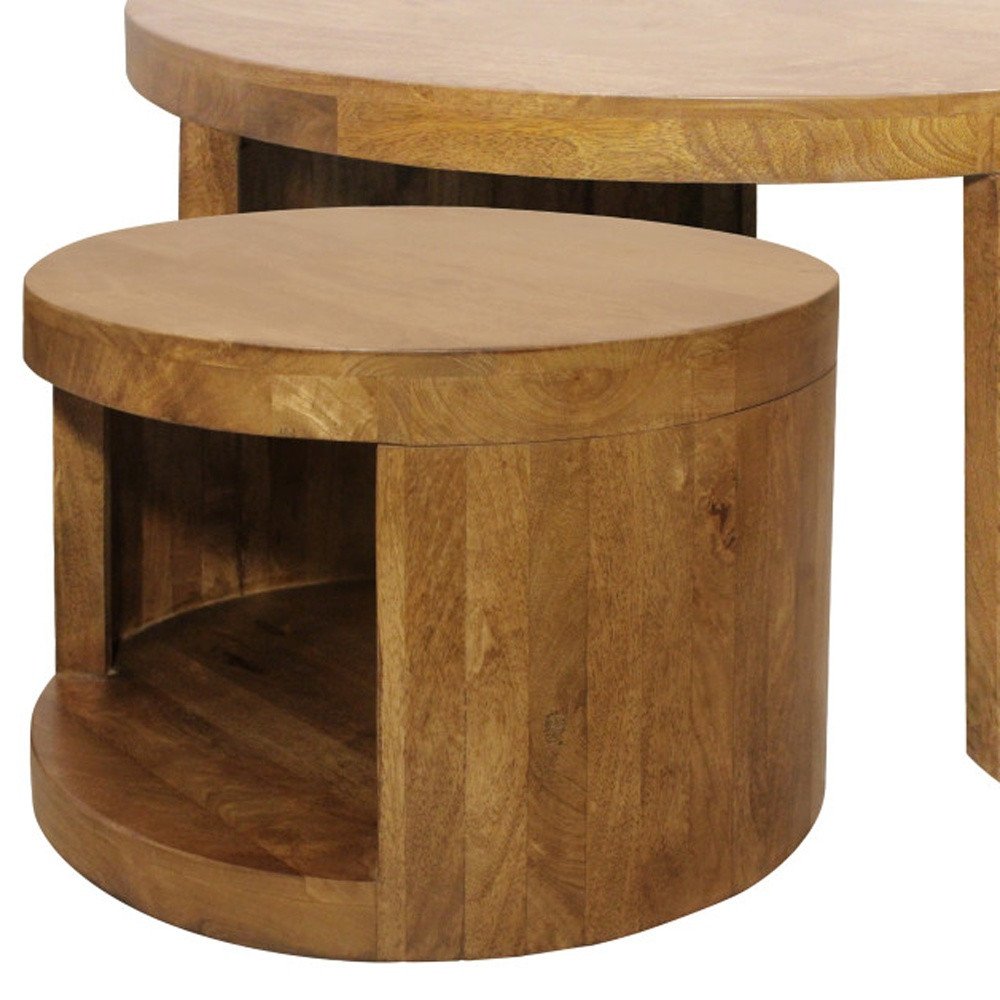 Set of Two Walnut Solid Wood Round Distressed Solid Nested Coffee Tables