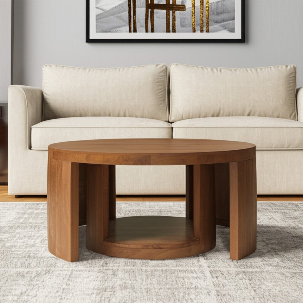 Set of Two Walnut Solid Wood Round Distressed Solid Nested Coffee Tables