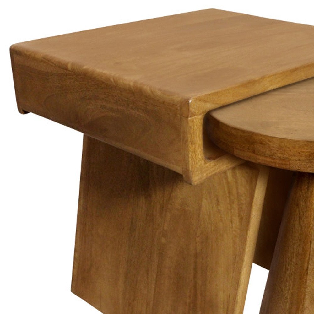 Set of Two Walnut Distressed Solid Wood Pedestal Nested Tables