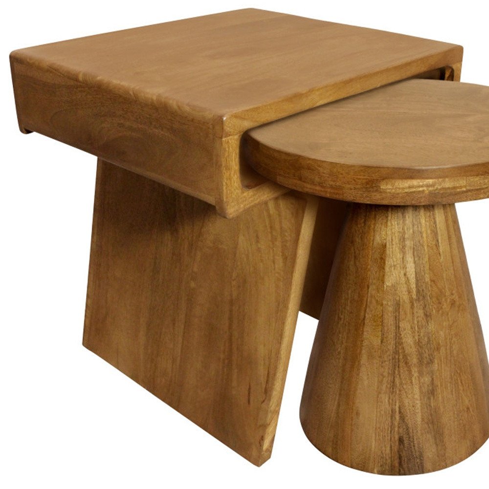 Set of Two Walnut Distressed Solid Wood Pedestal Nested Tables
