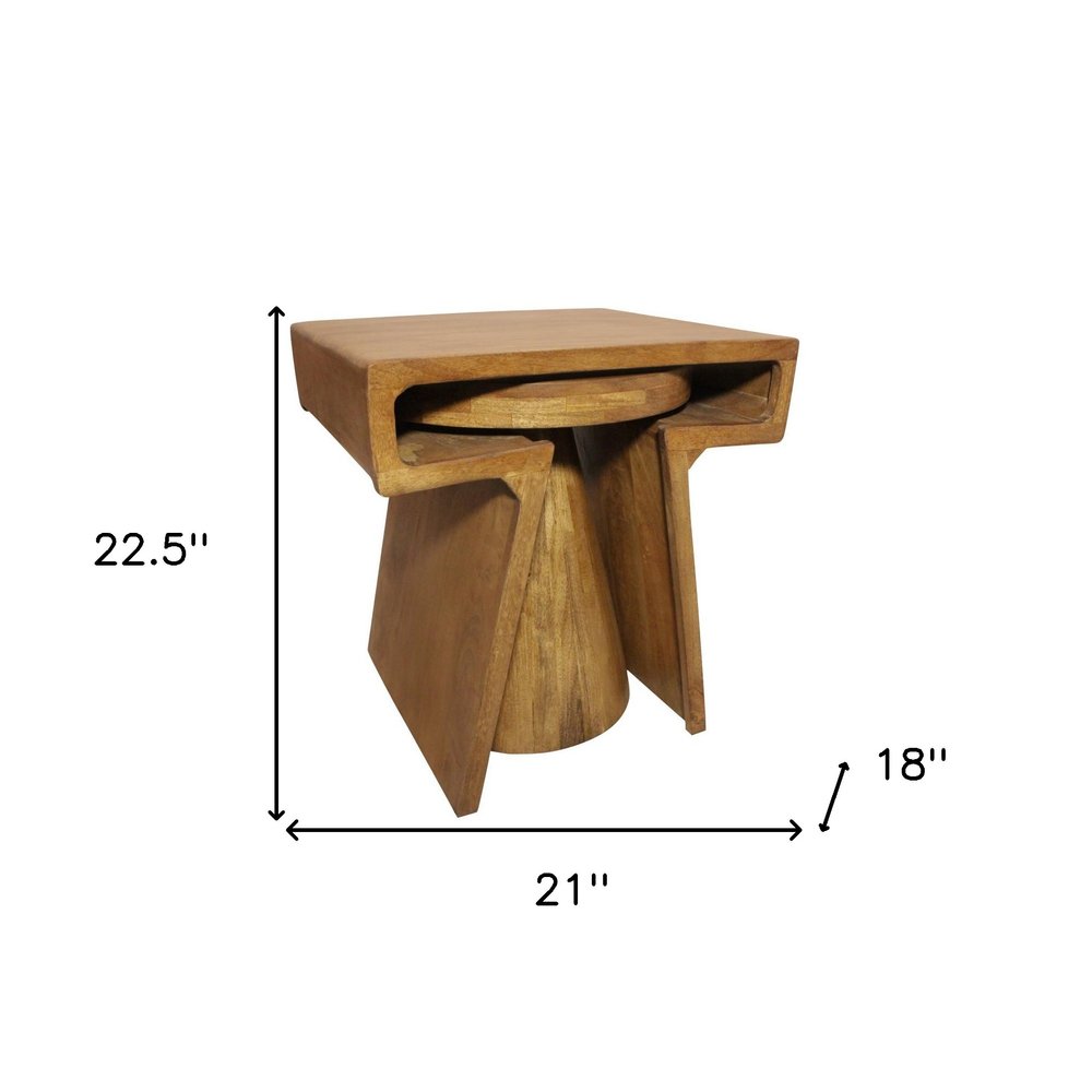 Set of Two Walnut Distressed Solid Wood Pedestal Nested Tables