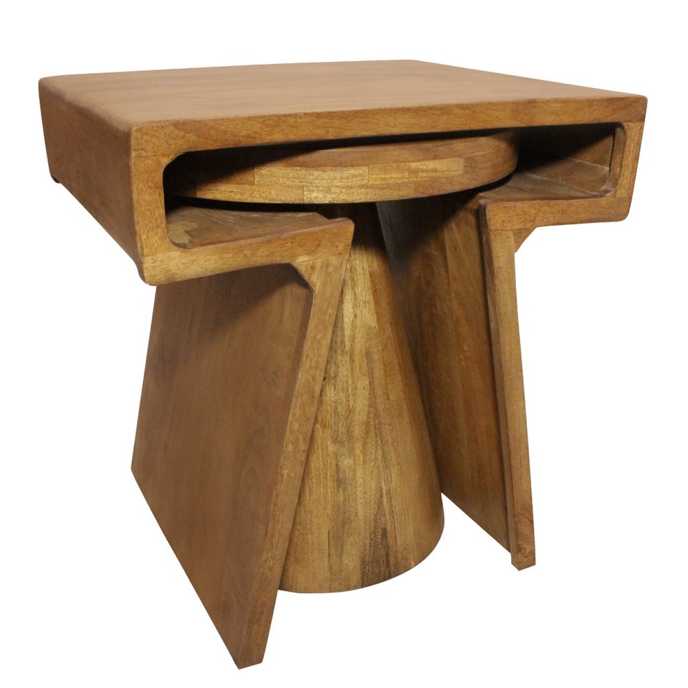 Set of Two Walnut Distressed Solid Wood Pedestal Nested Tables