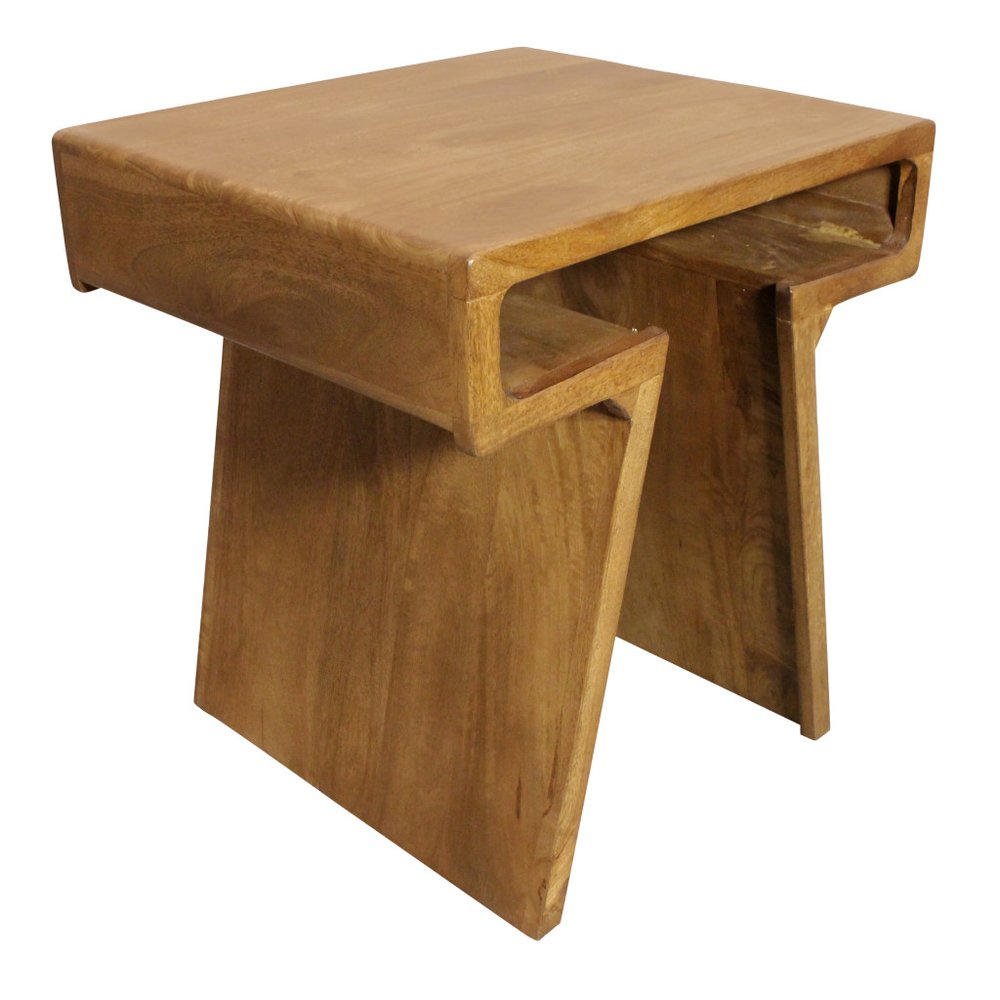 Set of Two Walnut Distressed Solid Wood Pedestal Nested Tables