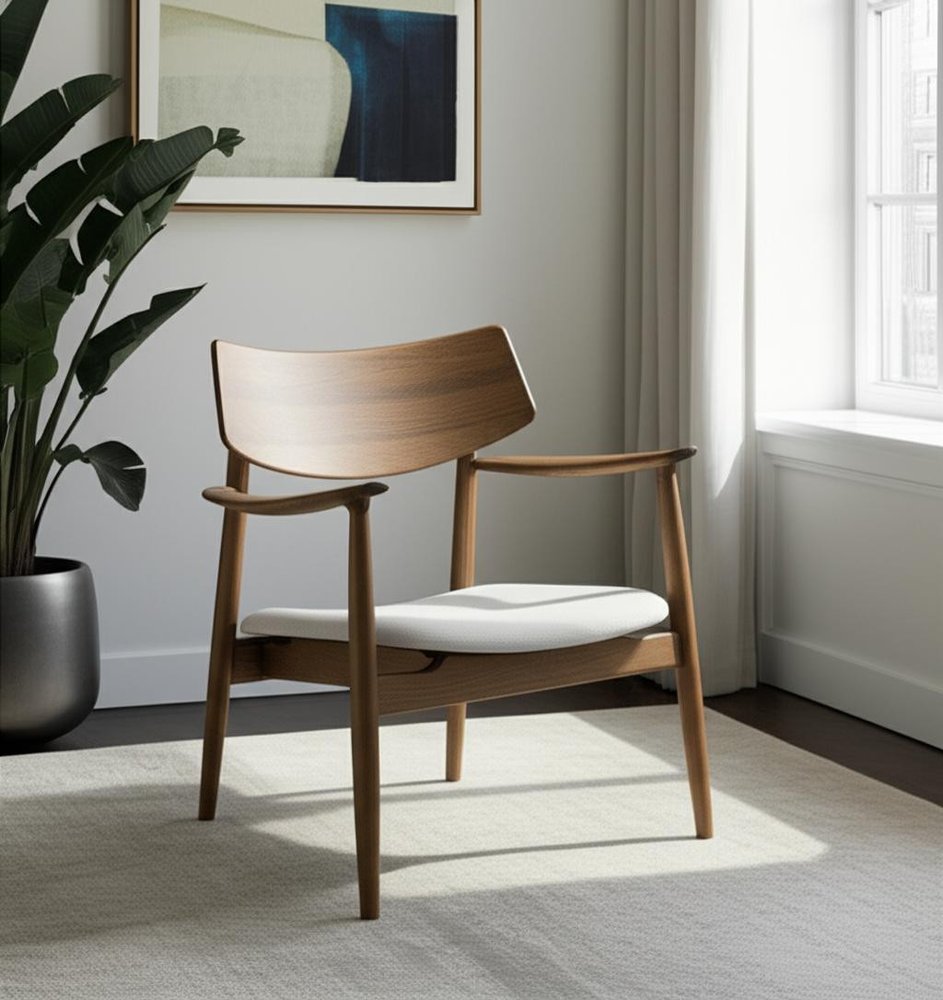 27" Brown And Cream Upholstery And Solid Wood Arm Chair