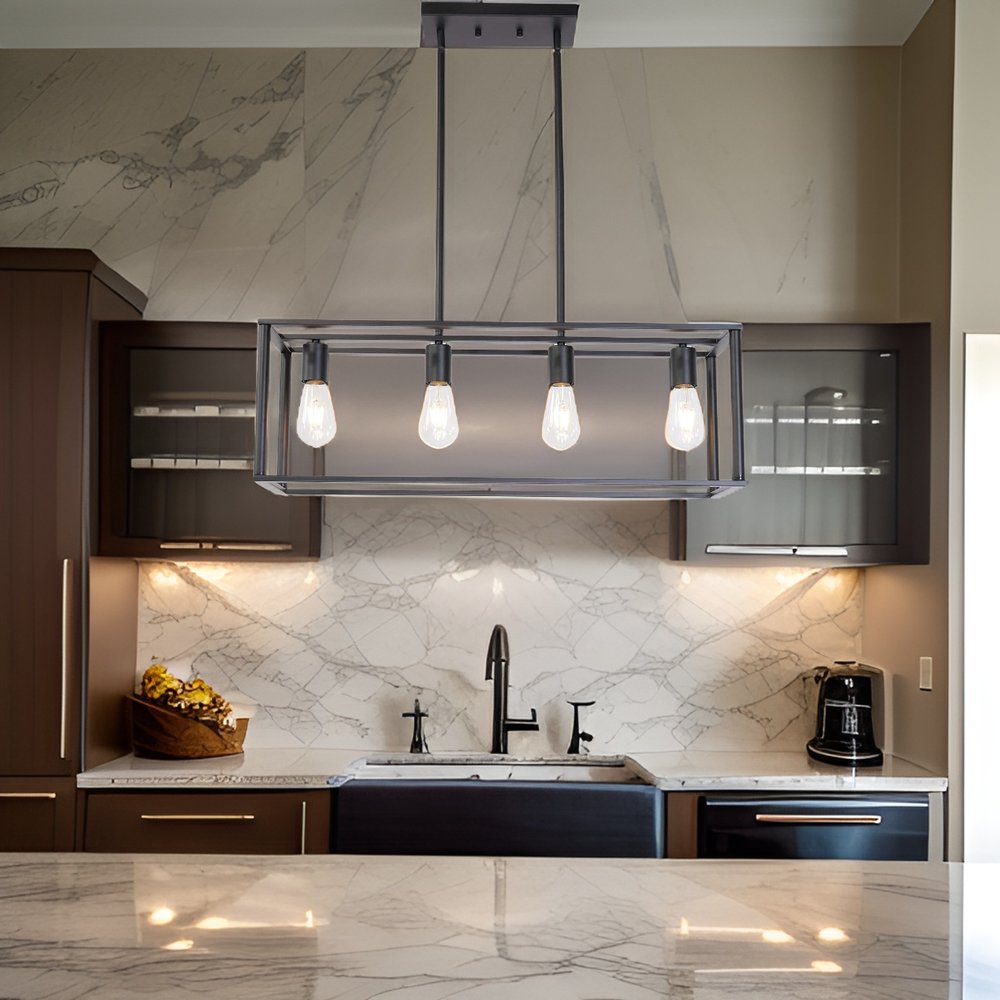 Black Metal Four Light Caged Rectangular Hanging Pendent Light