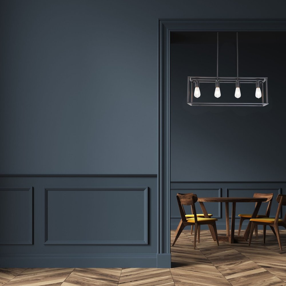 Black Metal Four Light Caged Rectangular Hanging Pendent Light