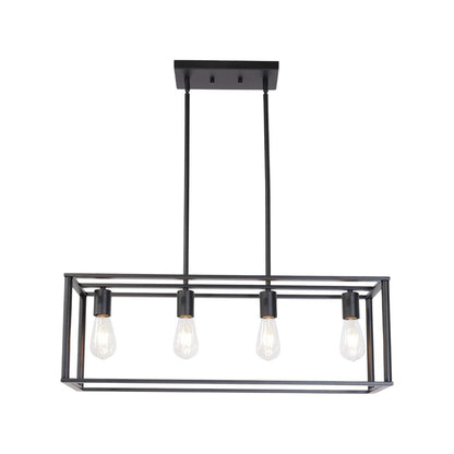 Black Metal Four Light Caged Rectangular Hanging Pendent Light